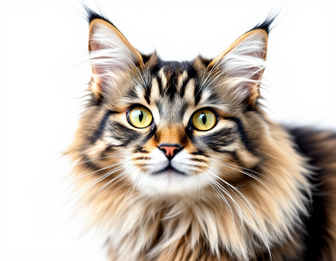 Close-up portrait of cat on a white background, with its alert expression and intricate details of its fur and whiskers in sharp focus.